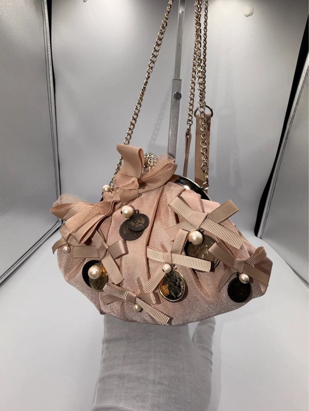 Lanvin en Bleu Blush Pink Bow-Embellished Evening Clutch with Coin Charms